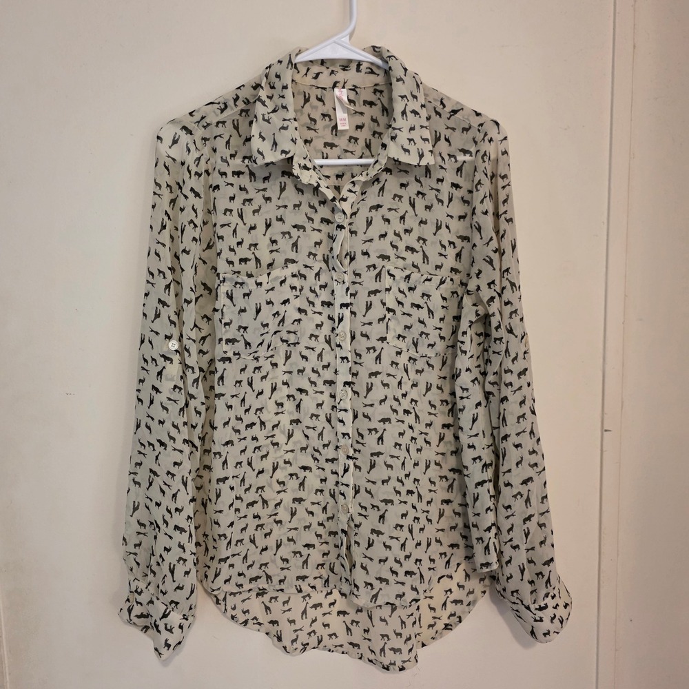 Xhilaration Womens Button Down Shirt Size Medium Tan Safari Animal Print Sheer